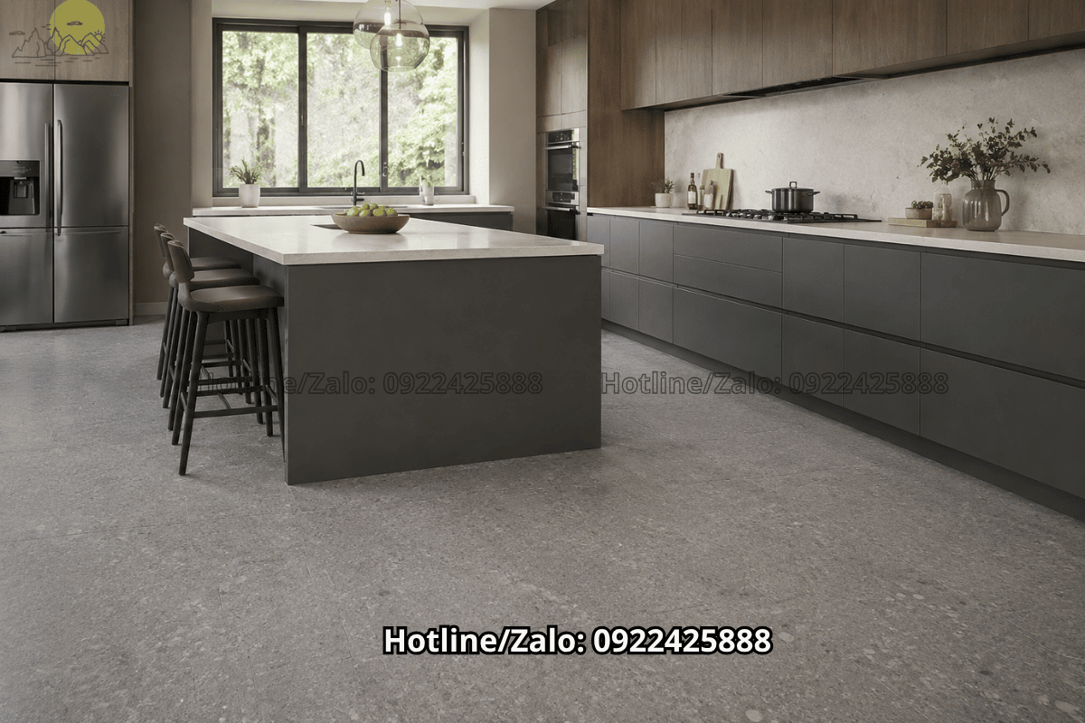 đá granite xám chống trơn cho sàn bếp hiện đại sạch sẽ