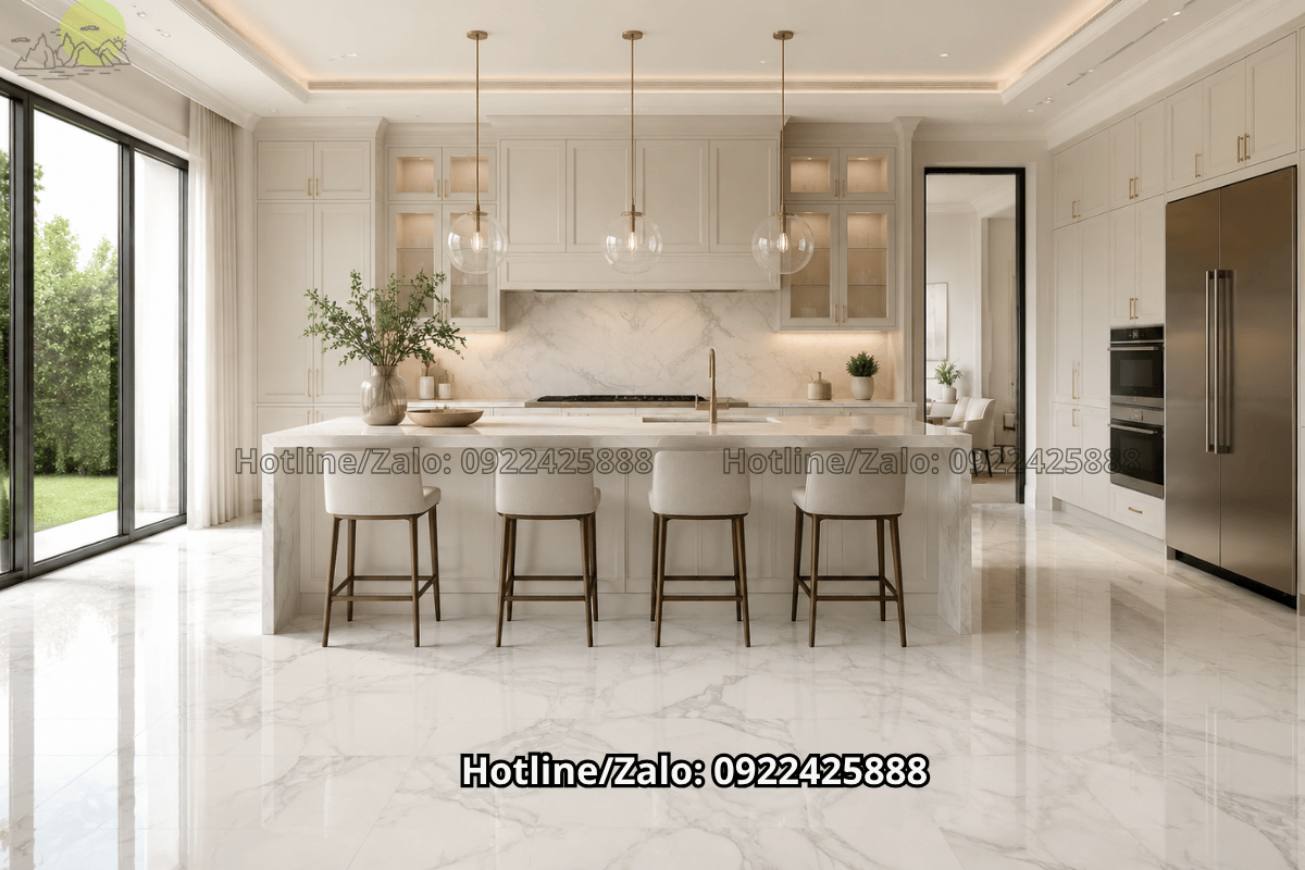 đá marble vân mây tự nhiên lát sàn bếp cao cấp hiện đại