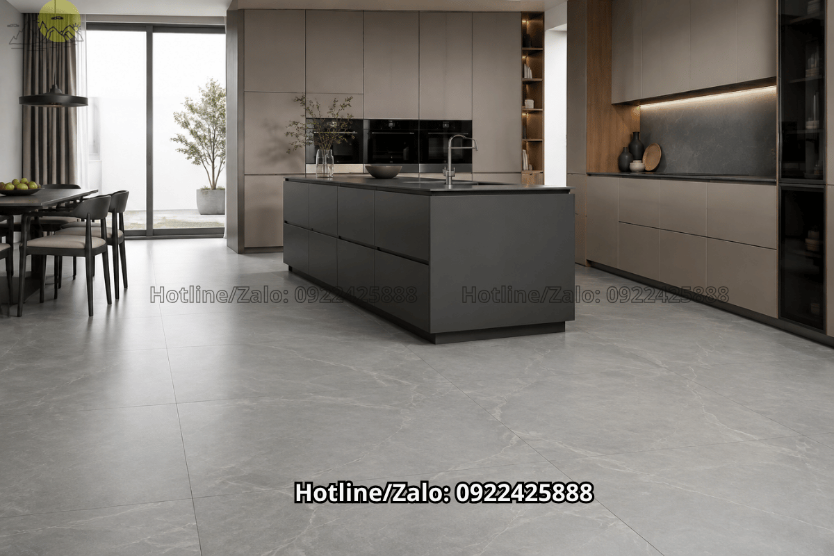 đá nung kết khổ lớn màu xám cho sàn bếp phong cách tối giản