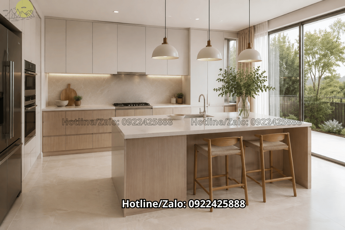 Bếp gia đình lát đá nhân tạo màu kem sáng