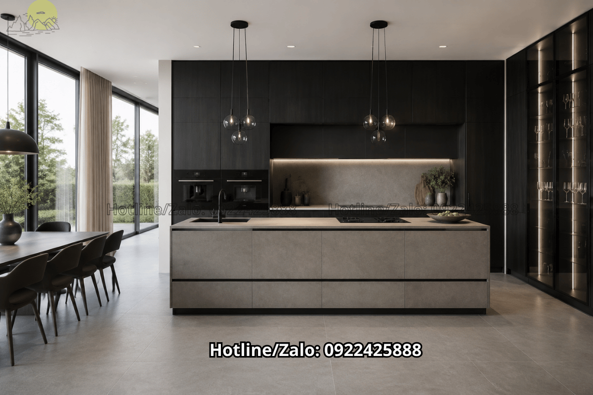 Bếp phong cách hiện đại lát đá nung kết xám xi măng