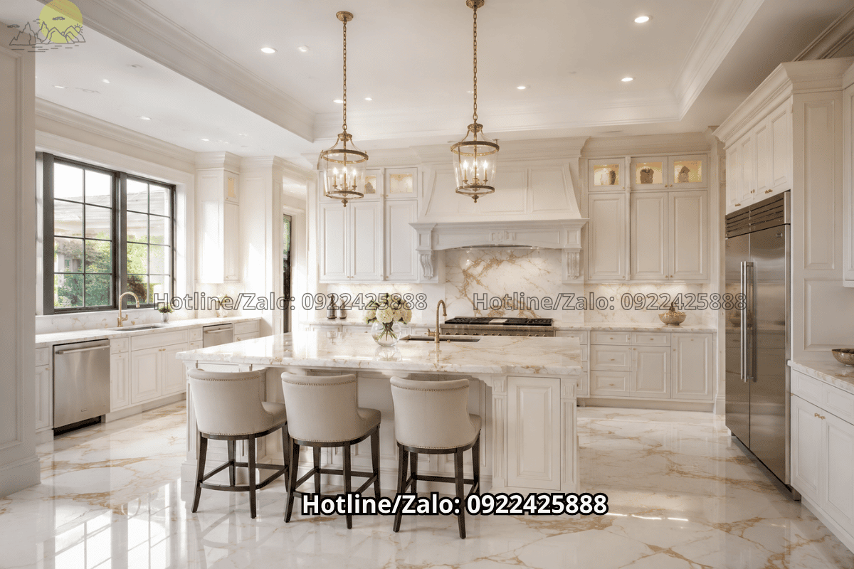Bếp tân cổ điển lát đá marble trắng vân vàng