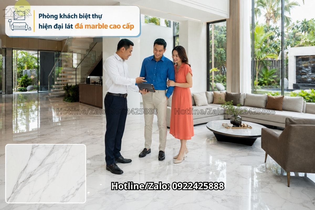 Đá lát sàn biệt thự phòng khách bằng đá marble sang trọng hiện đại