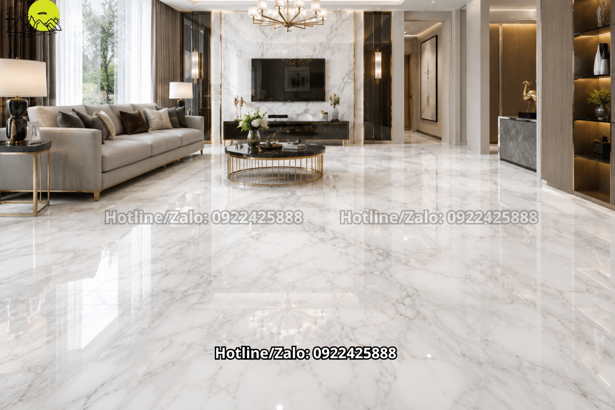 Sàn phòng khách lát đá marble trắng vân mây