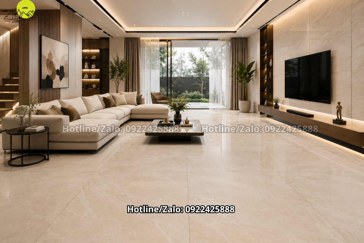 Đá nung kết khổ lớn cho sàn phòng khách hiện đại