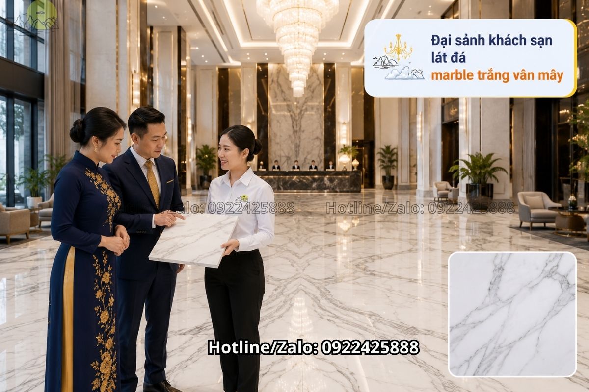 Đá marble trắng vân mây lát sàn khách sạn cao cấp hiện đại