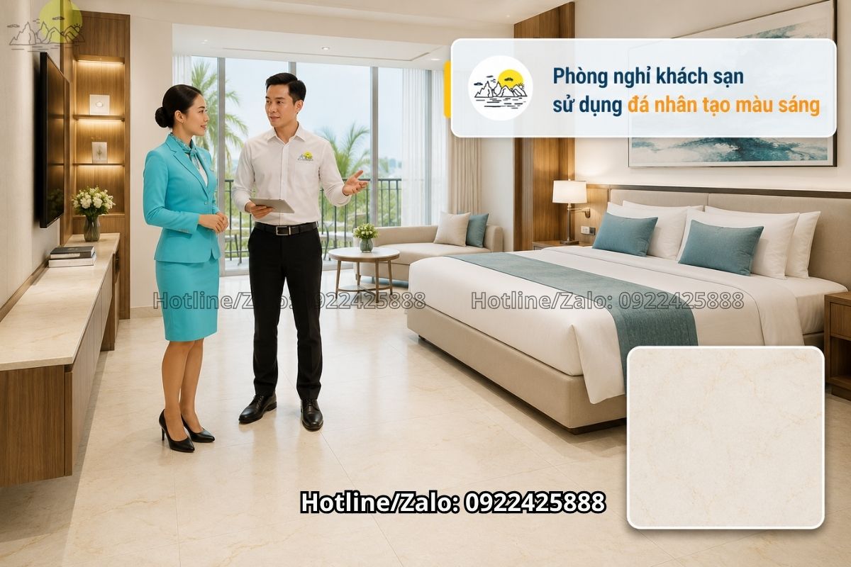 Đá nhân tạo màu sáng lát sàn khách sạn phòng nghỉ cao cấp