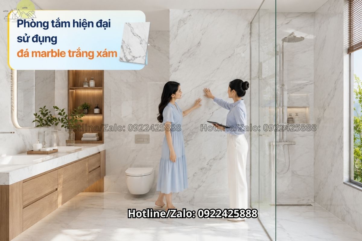 Đá lát sàn nhà tắm bằng đá marble trắng xám sang trọng hiện đại