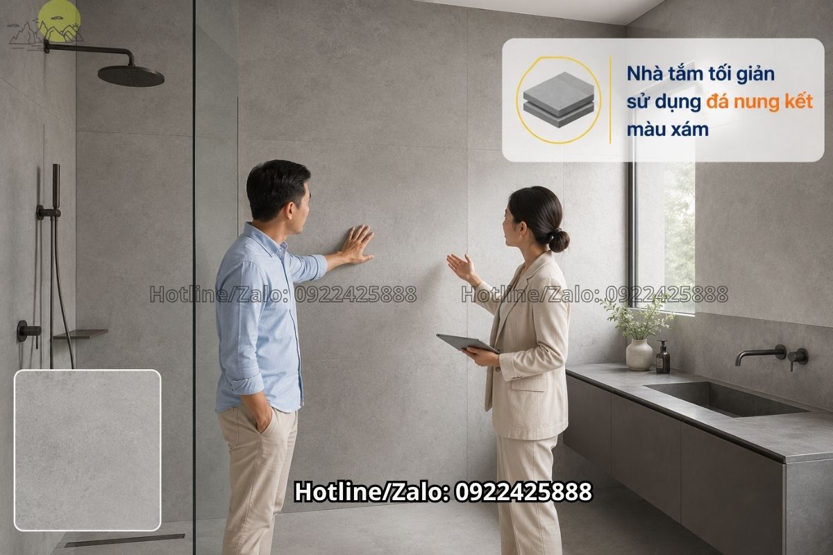 Đá nhân tạo màu kem lát sàn nhà tắm hiện đại sạch đẹp