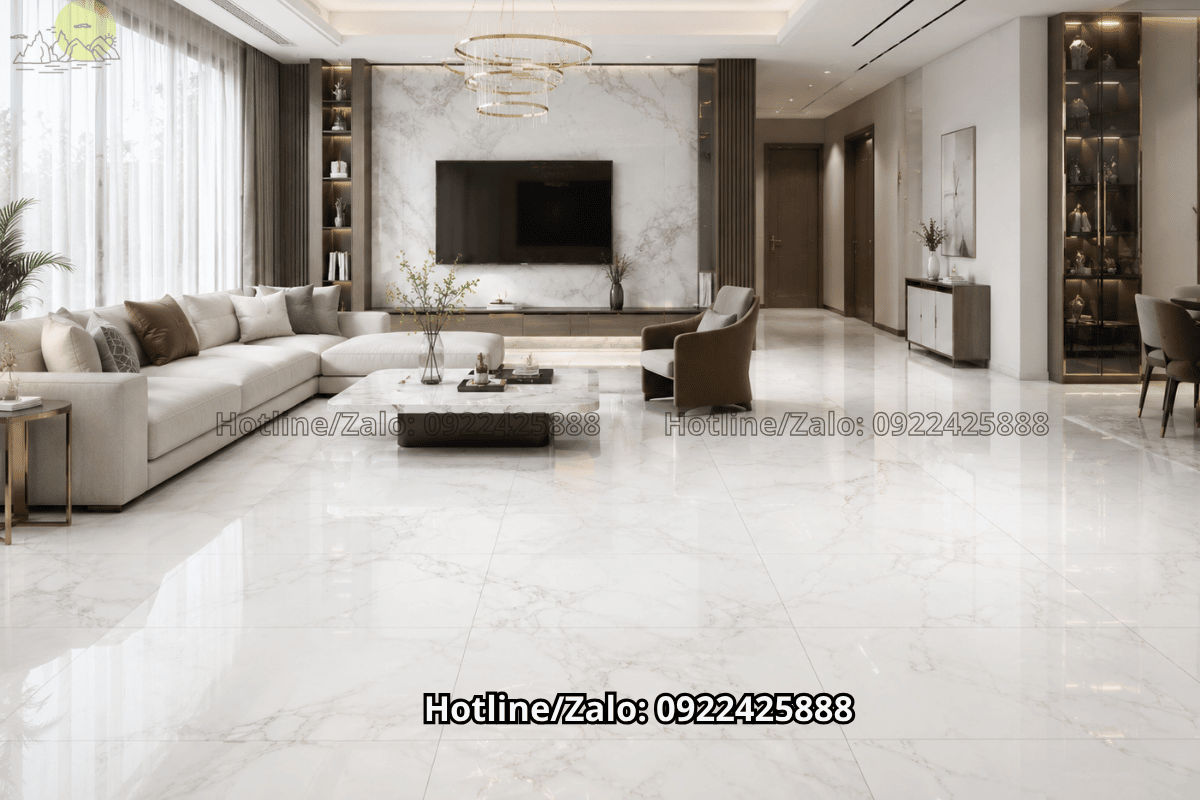 Phòng khách hiện đại lát đá màu trắng vân mây