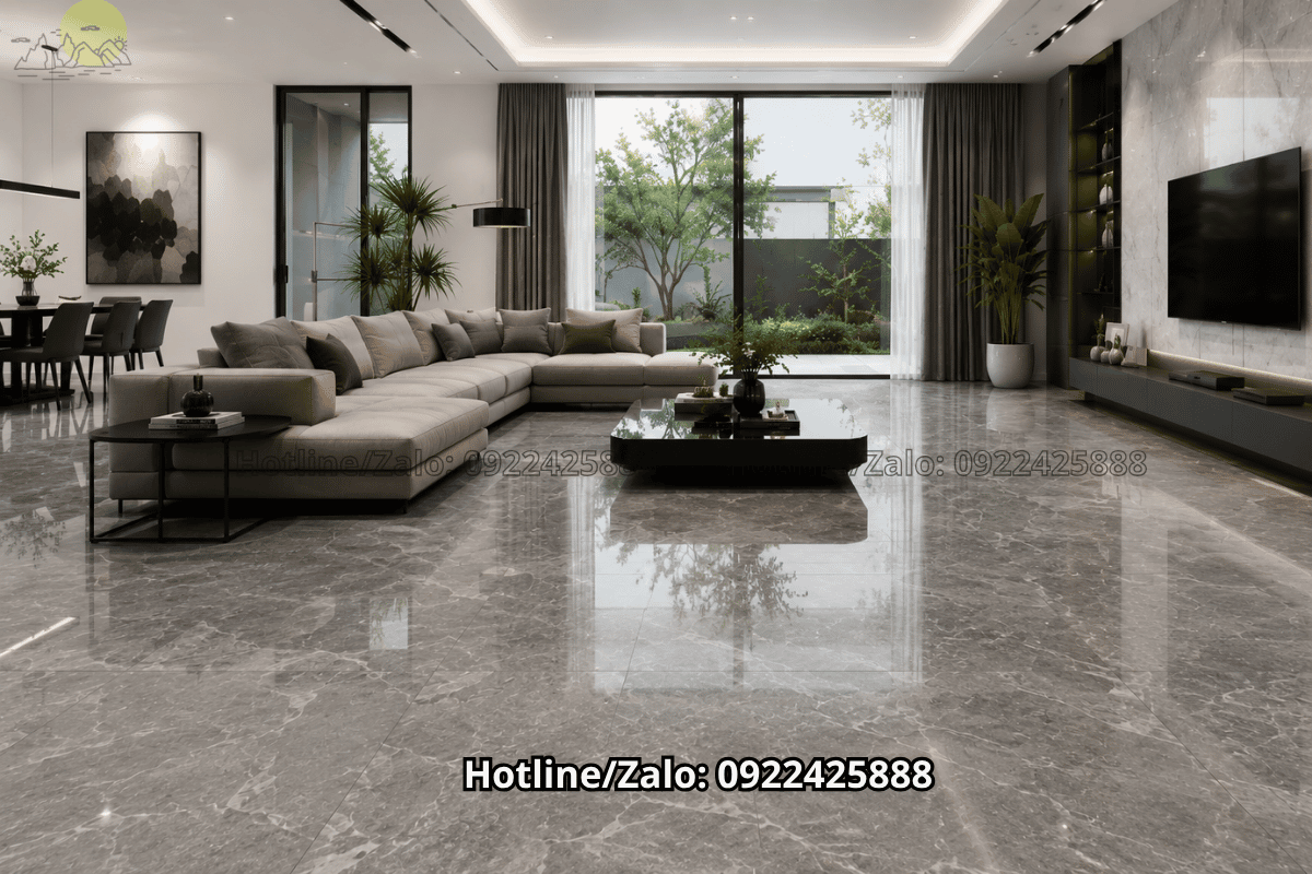 Sàn phòng khách sử dụng đá granite màu xám bóng