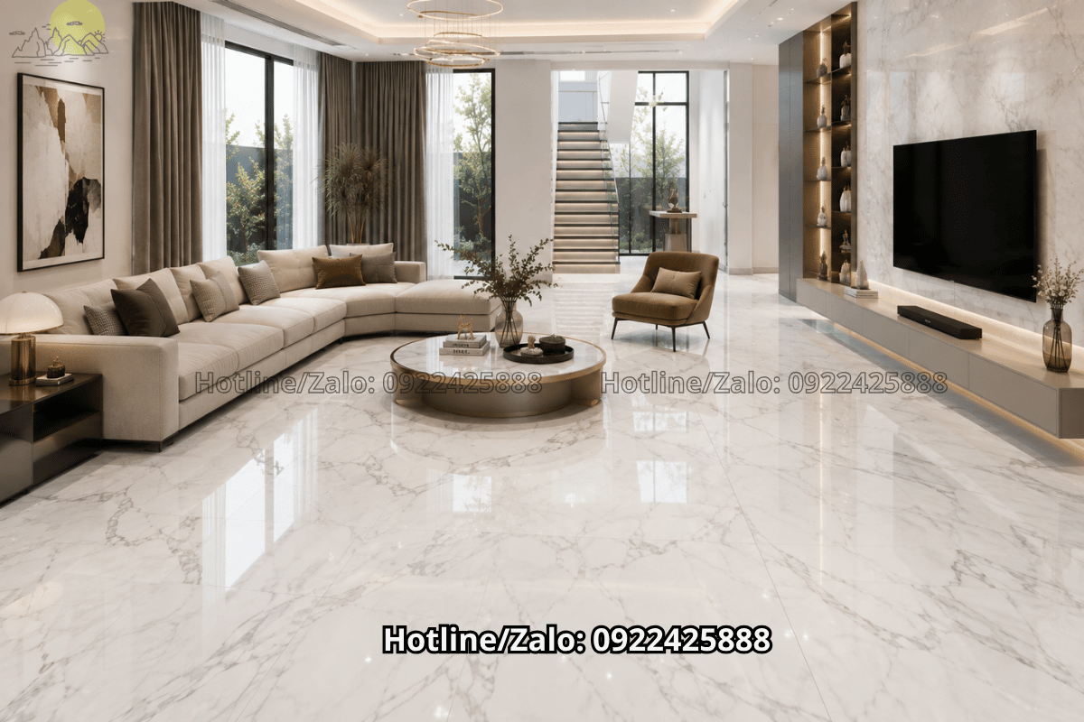 Phòng khách lát đá marble trắng vân mây