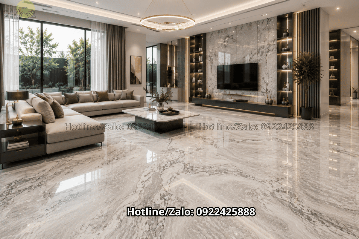 Phòng khách lát đá nung kết khổ lớn màu be
