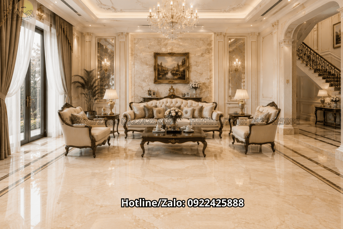 Phòng khách tân cổ điển lát đá marble màu kem