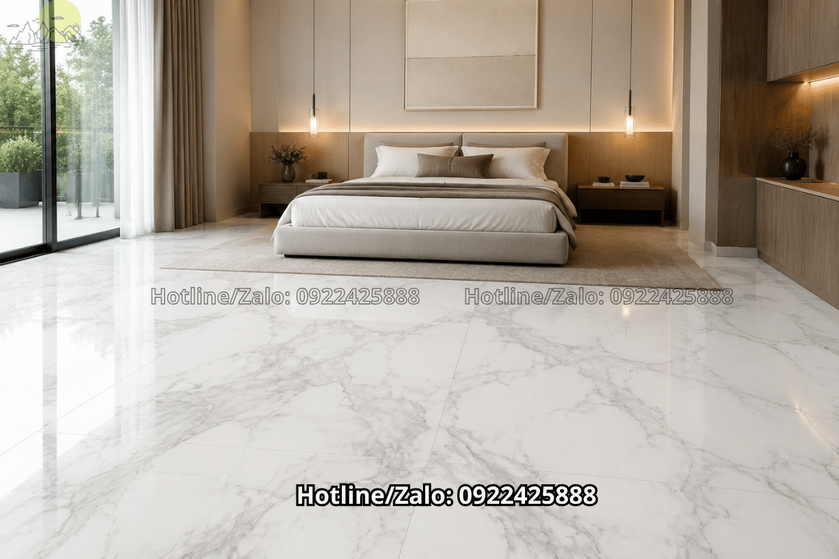 đá lát sàn phòng ngủ bằng đá marble trắng vân mây hiện đại