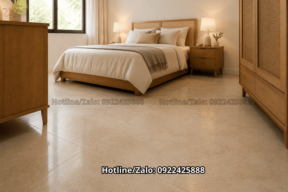 đá nhân tạo màu kem cho phòng ngủ nhỏ tạo cảm giác rộng hơn