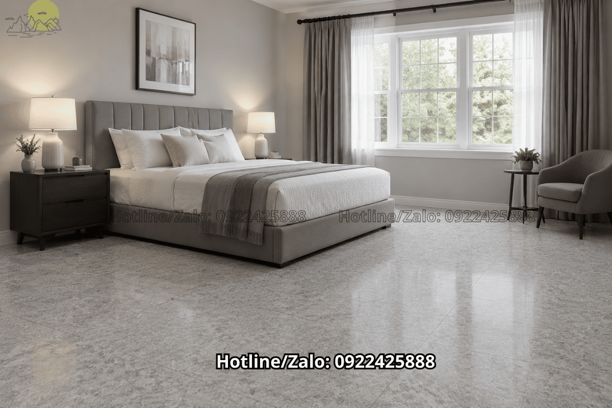 Đá granite xám nhạt lát sàn phòng ngủ diện tích trung bình
