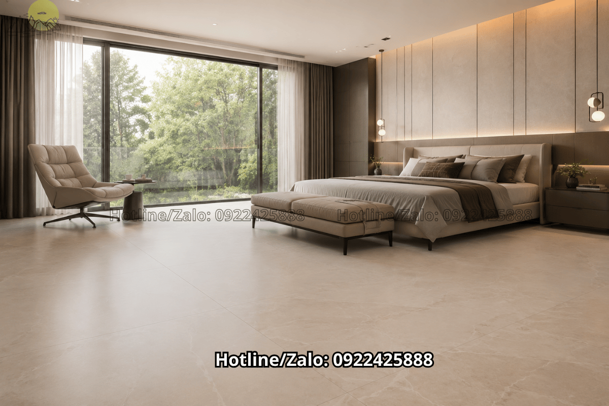 đá nung kết khổ lớn lát sàn phòng ngủ biệt thự sang trọng