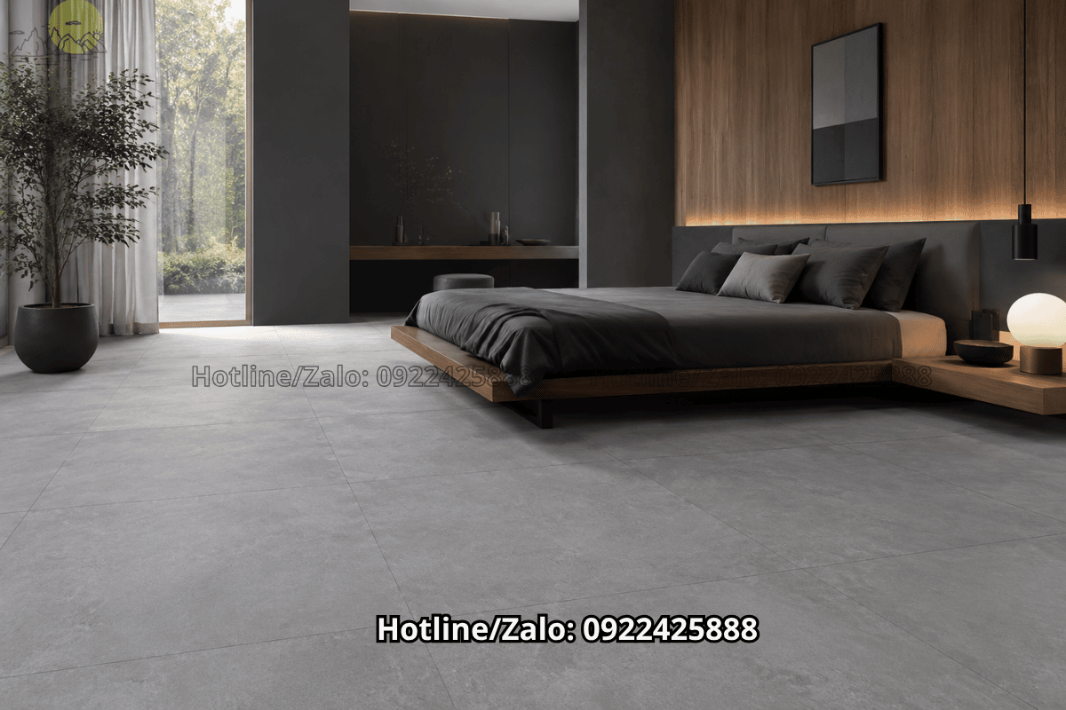Phòng ngủ hiện đại lát đá nung kết xám xi măng