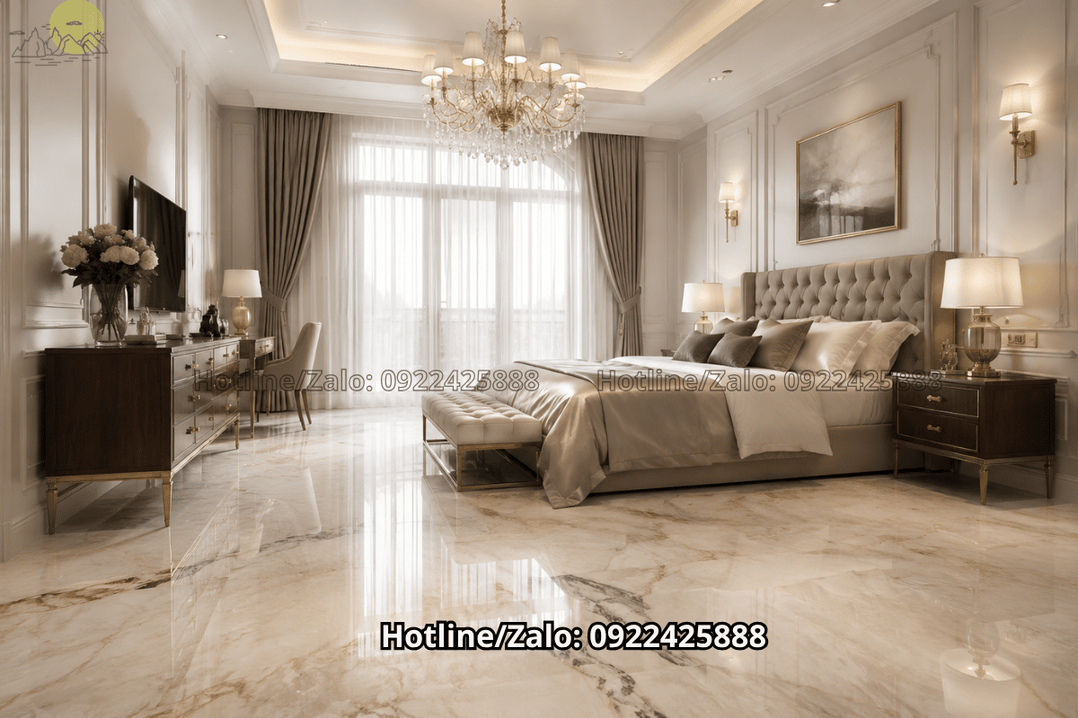 Phòng ngủ Scandinavian với đá marble trắng kem