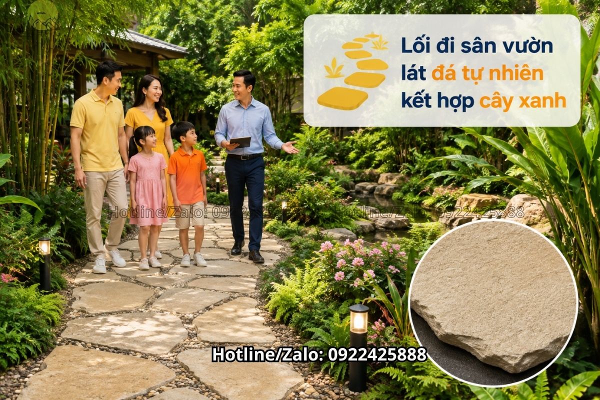 Đá tự nhiên lát lối đi sân vườn tạo không gian gần gũi thiên nhiên