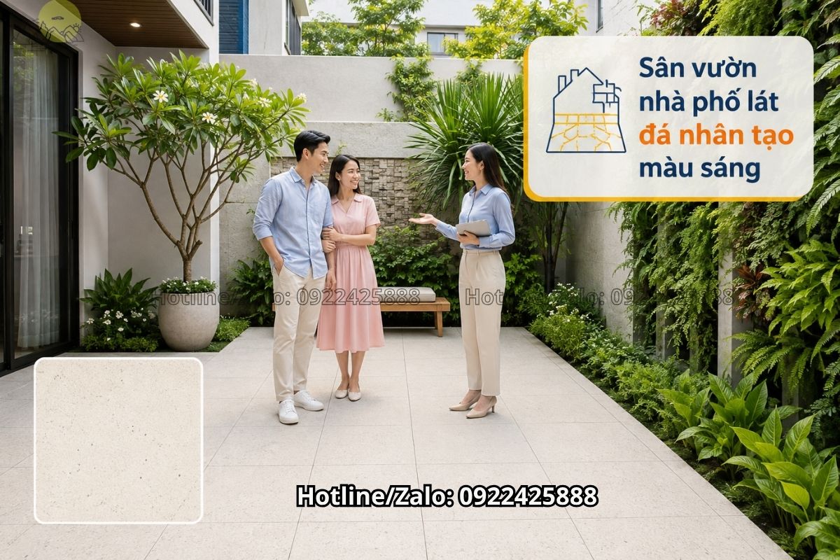 Đá nhân tạo màu sáng lát sàn sân vườn nhà phố hiện đại