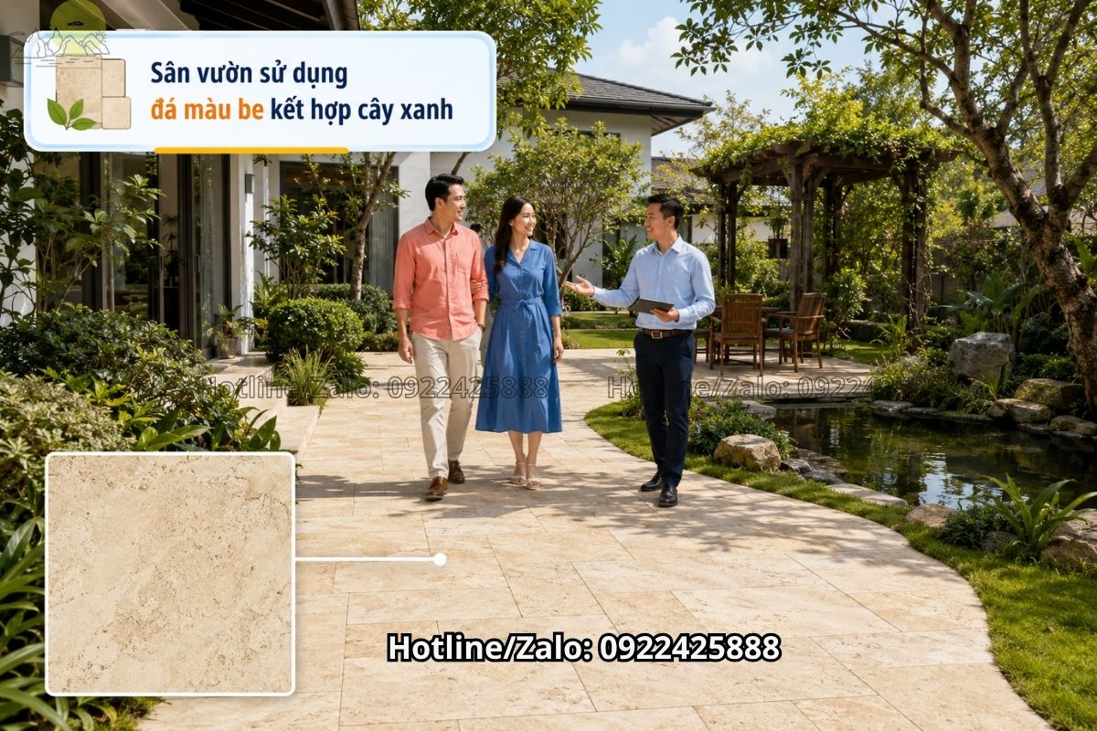 Đá lát sàn sân vườn màu be kết hợp cảnh quan thiên nhiên