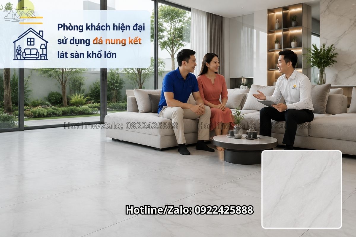 Đá nung kết lát sàn khổ lớn cho phòng khách hiện đại sang trọng