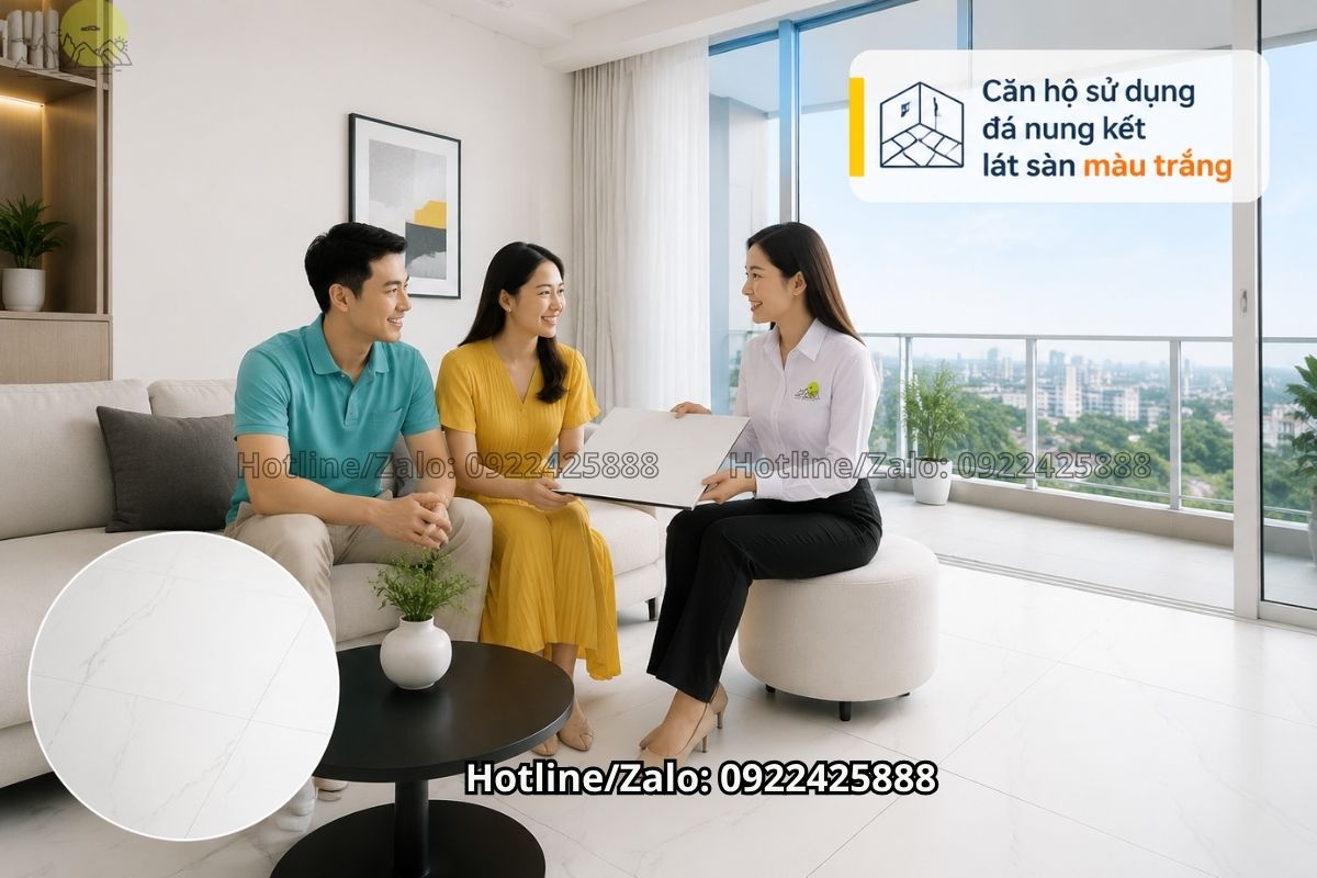 Đá nung kết lát sàn màu trắng giúp không gian nhỏ rộng rãi hơn