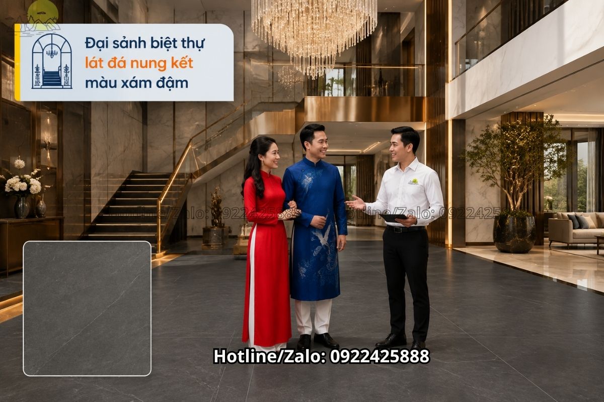 Đá nung kết lát sàn màu xám cho sảnh biệt thự cao cấp
