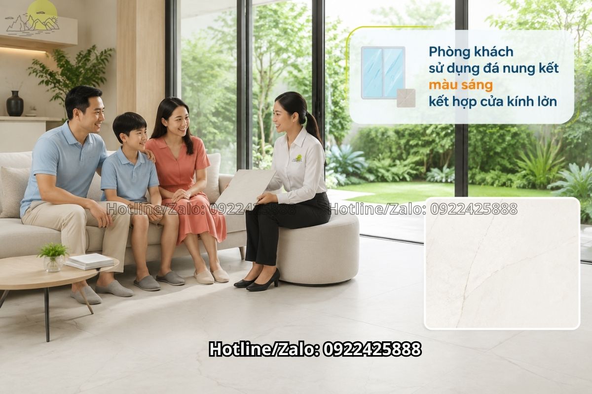Đá nung kết lát sàn màu sáng giúp tăng hiệu ứng ánh sáng tự nhiên