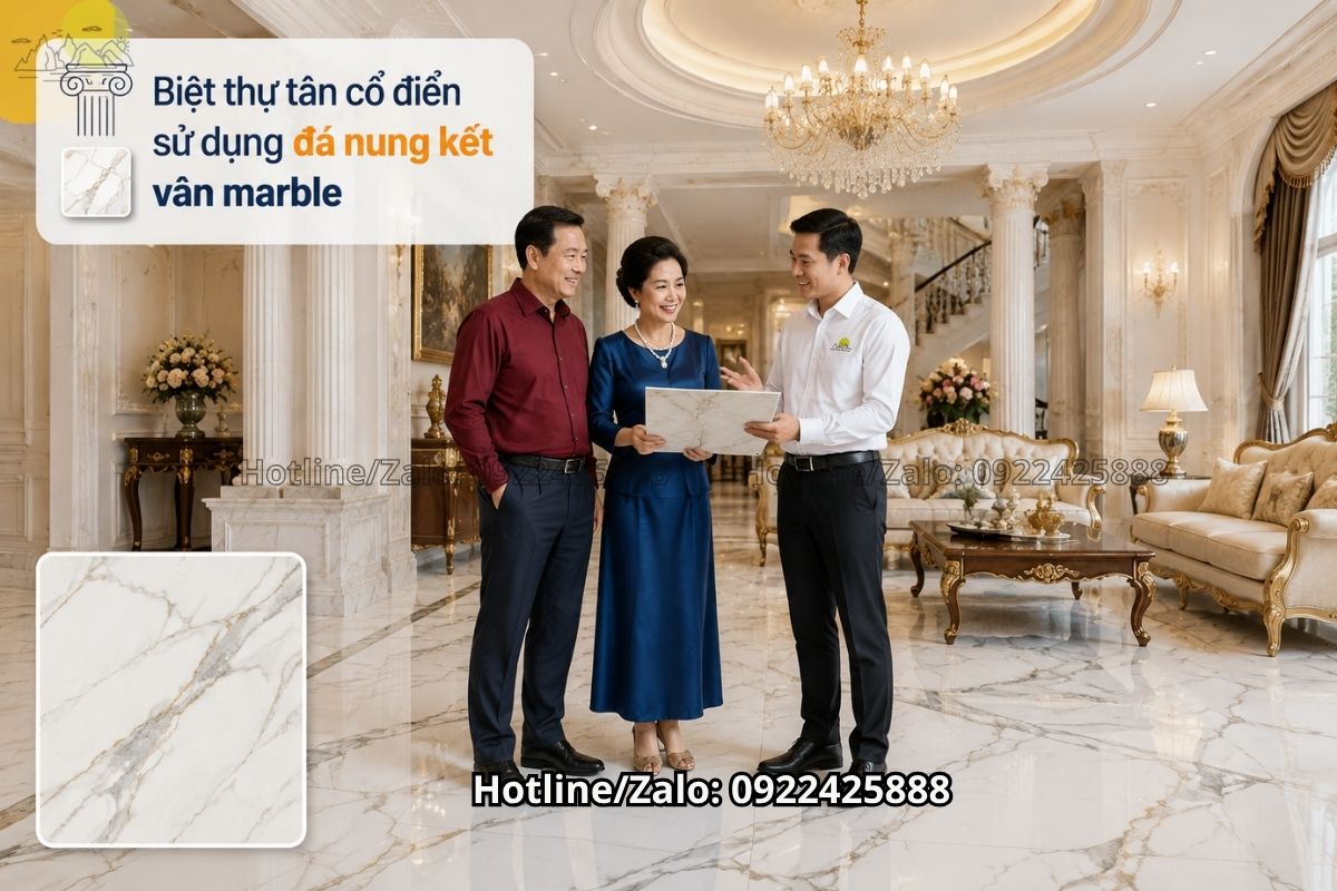 Đá nung kết lát sàn vân marble cho biệt thự tân cổ điển