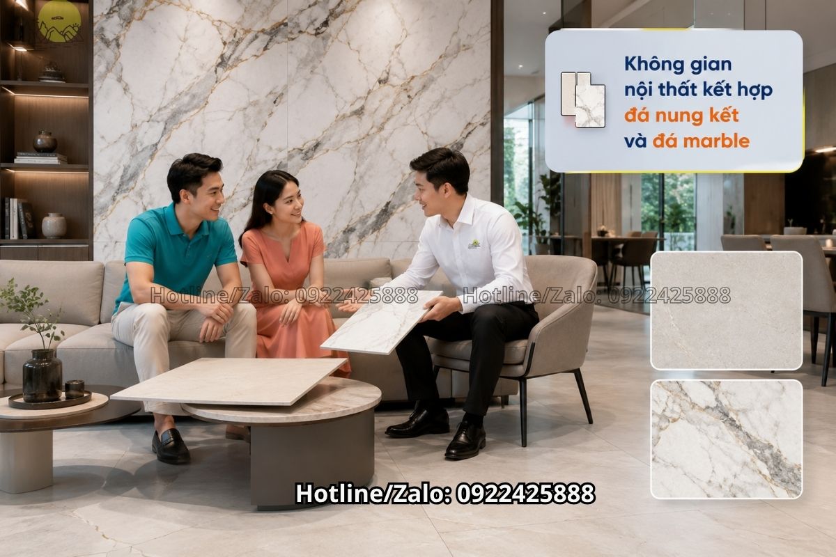 Đá nung kết lát sàn kết hợp đá marble tạo điểm nhấn sang trọng