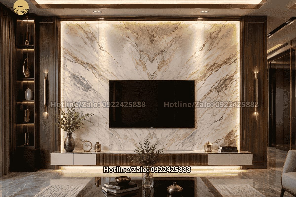 Đá Ốp Tường Đẹp bằng đá marble cho vách tivi hiện đại