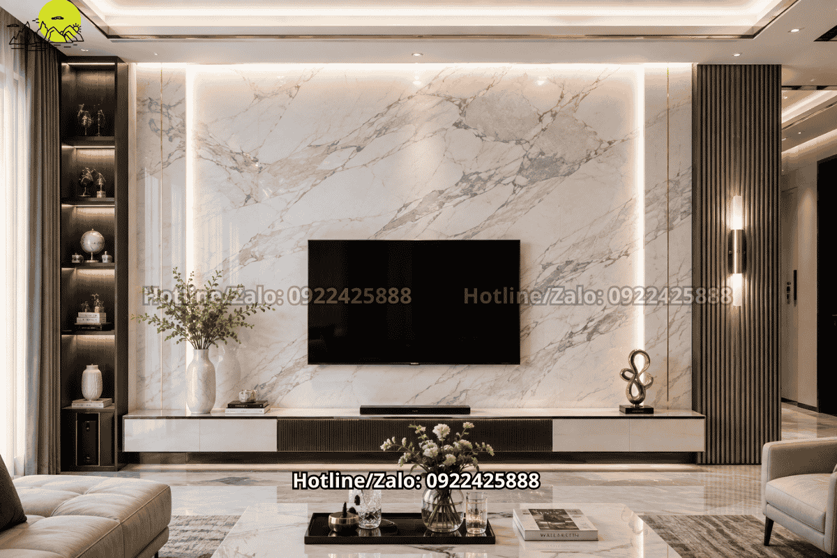 Đá marble trắng vân mây cho phòng khách cao cấp