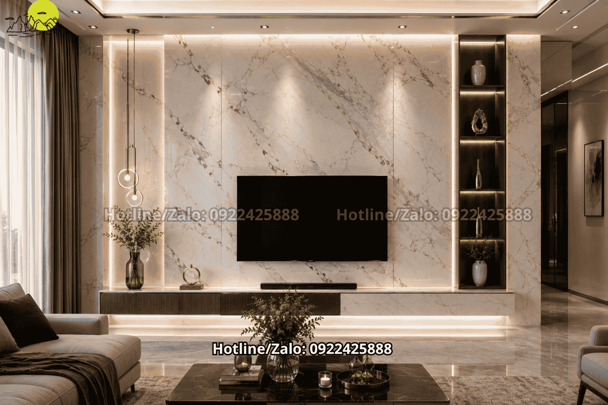 Vách phòng khách ốp đá marble kết hợp đèn trang trí