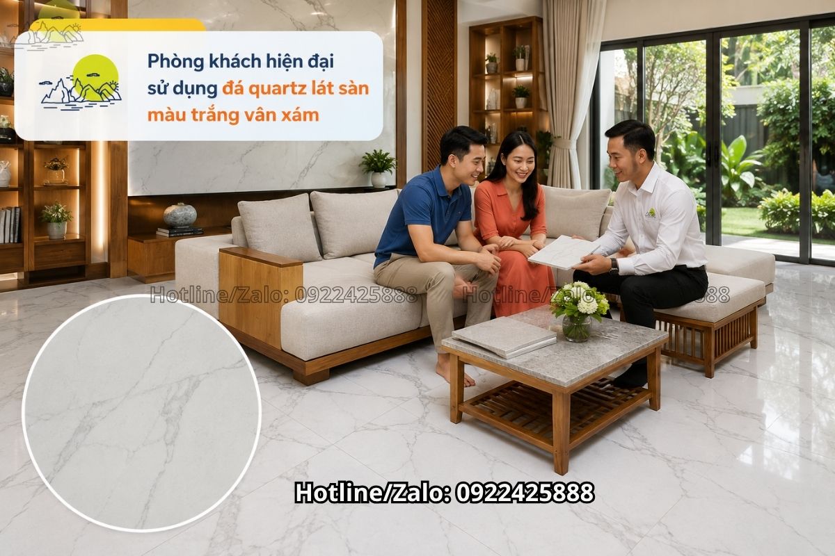 Đá quartz lát sàn màu trắng vân xám cho phòng khách hiện đại sang trọng