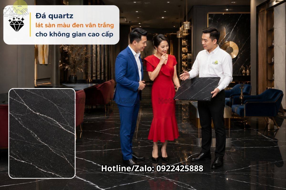 Đá quartz lát sàn màu đen vân trắng tạo điểm nhấn sang trọng cho biệt thự