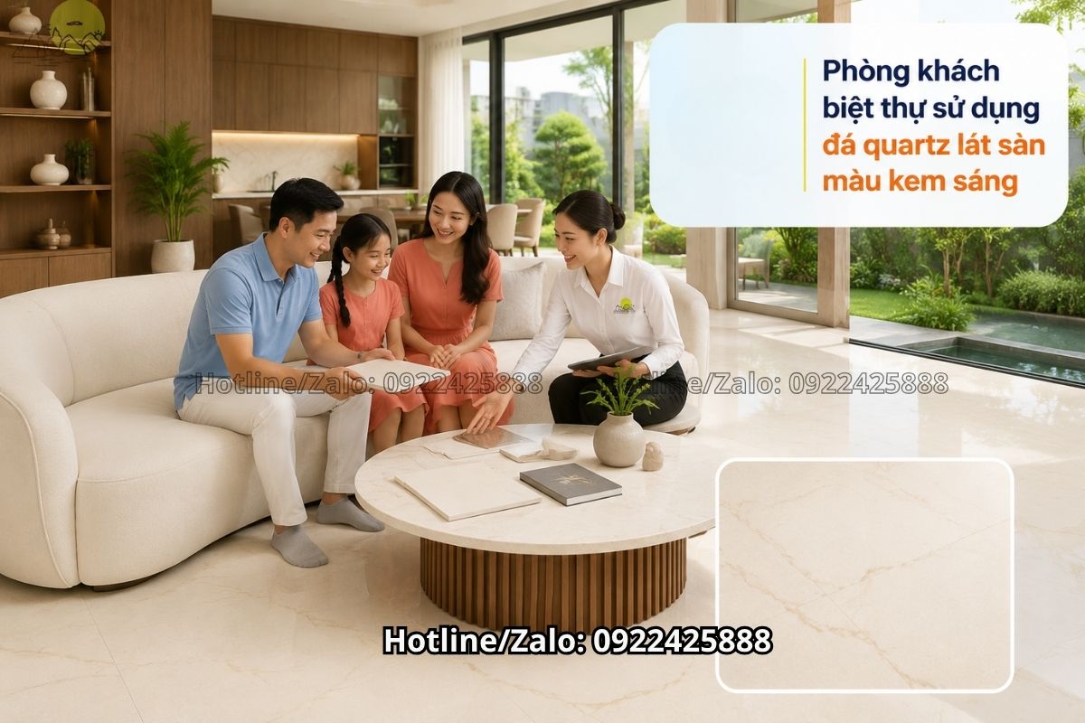 Đá quartz lát sàn màu kem sáng cho phòng khách biệt thự hiện đại