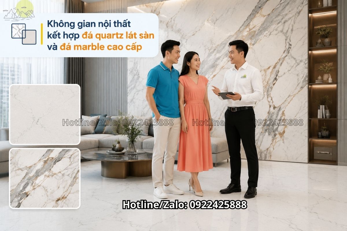 Đá quartz lát sàn kết hợp đá marble tạo không gian nội thất sang trọng hiện đại