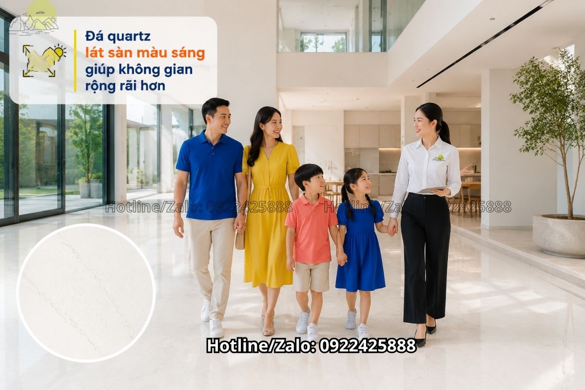 Đá quartz lát sàn màu sáng tạo cảm giác rộng rãi và hiện đại cho nội thất