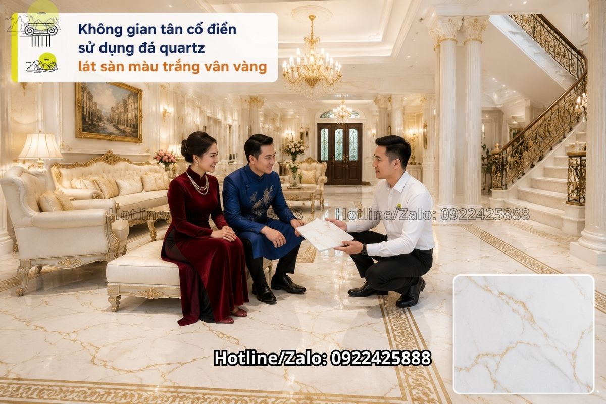 Đá quartz lát sàn trắng vân vàng cho không gian tân cổ điển sang trọng