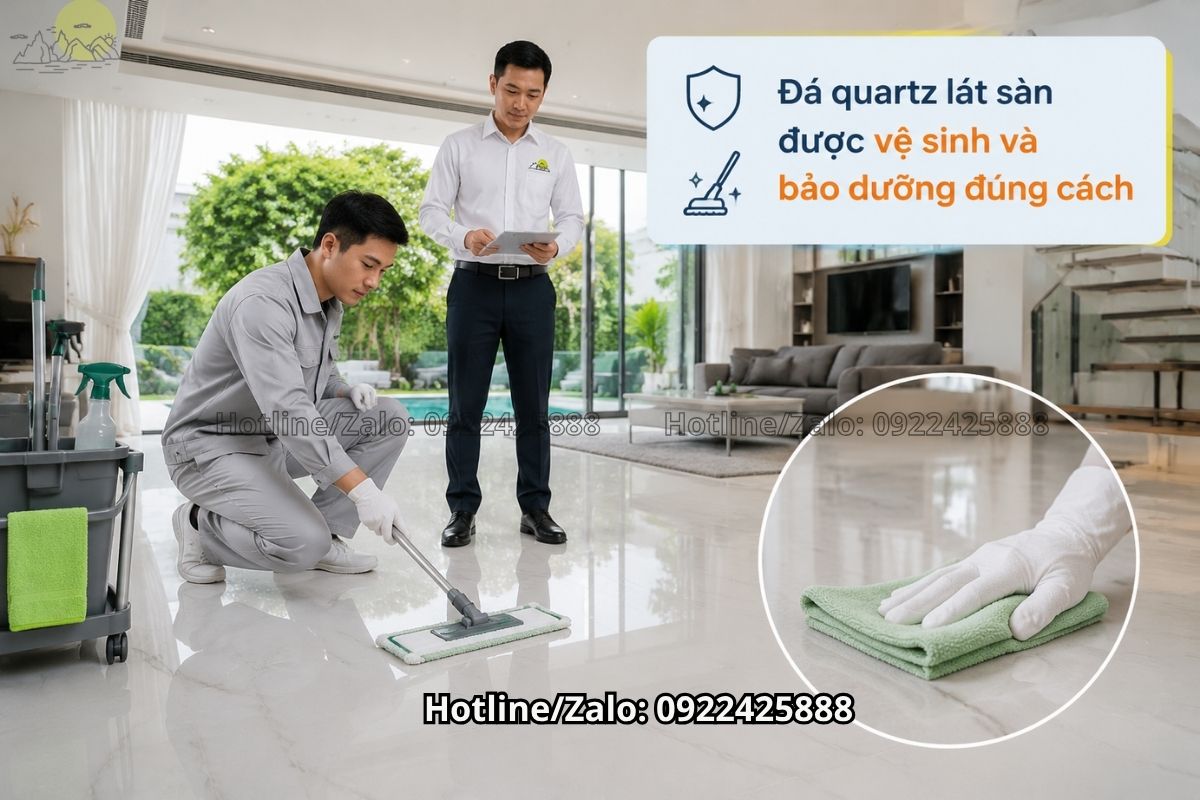Đá quartz lát sàn sạch bóng sau khi vệ sinh và bảo dưỡng định kỳ đúng cách