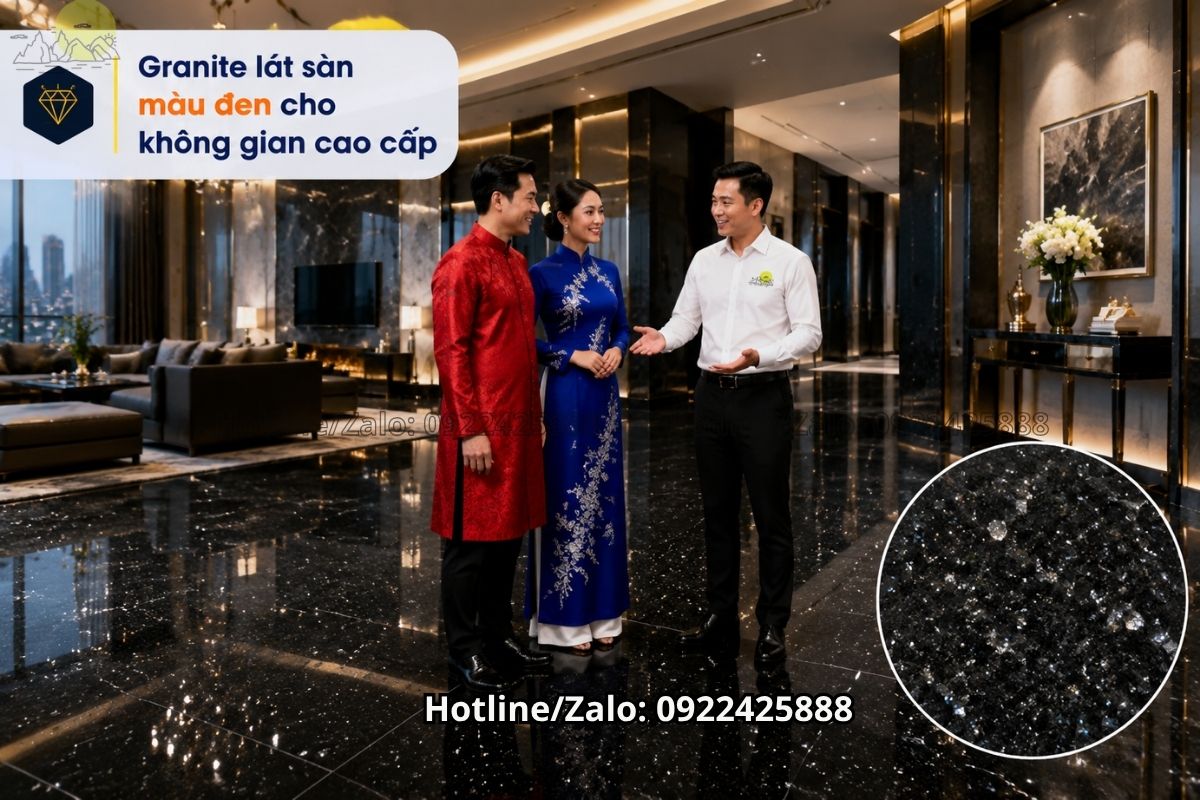 Granite lát sàn màu đen tạo điểm nhấn sang trọng cho biệt thự