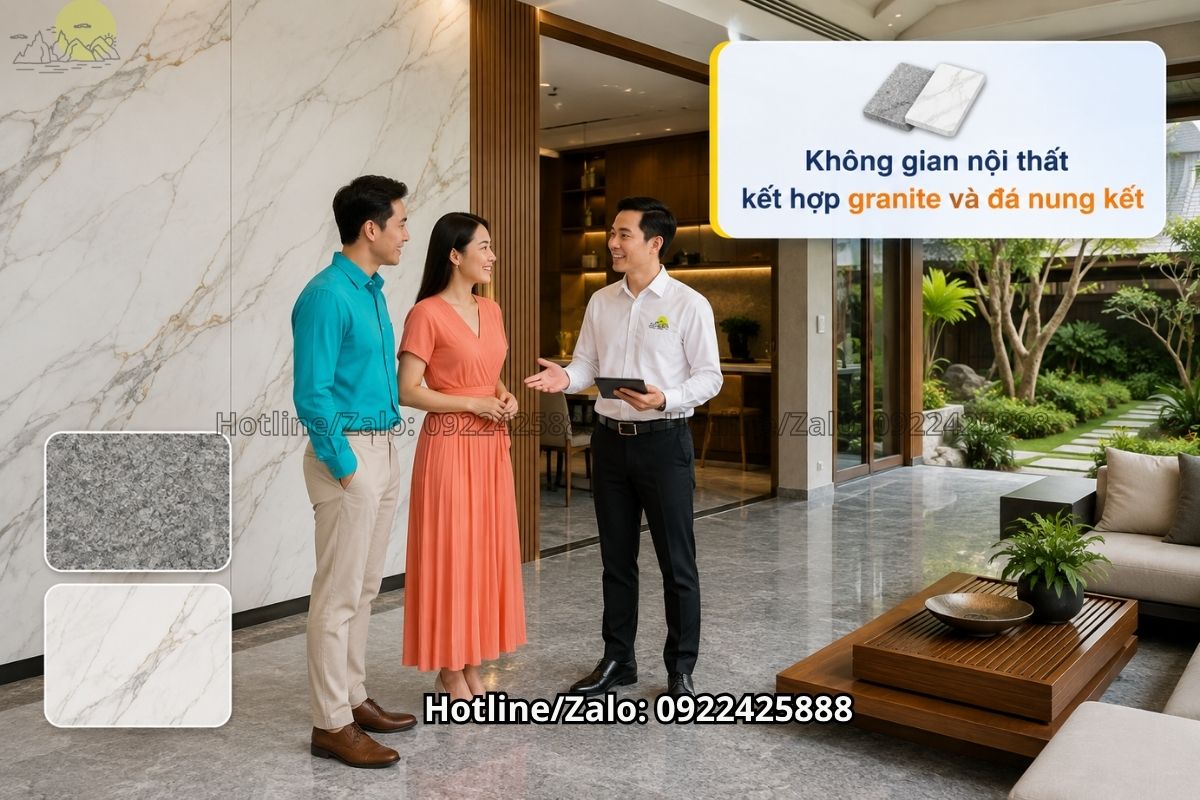 Granite lát sàn kết hợp đá nung kết trong nội thất hiện đại