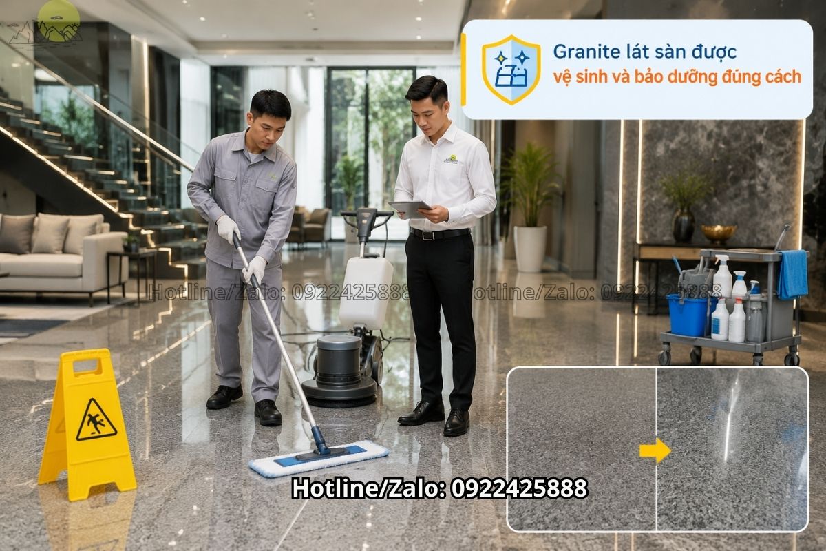 Granite lát sàn sạch bóng sau khi vệ sinh và bảo dưỡng định kỳ