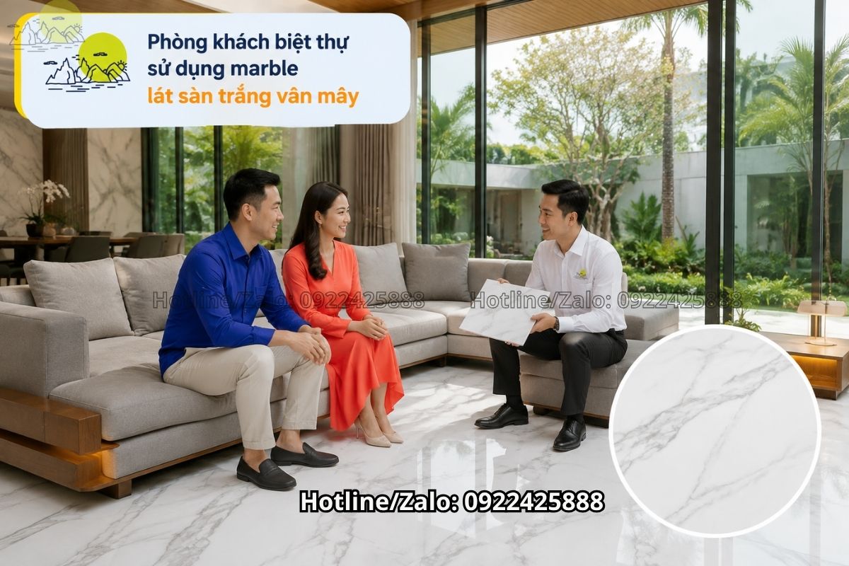 Marble lát sàn phòng khách biệt thự trắng vân mây sang trọng