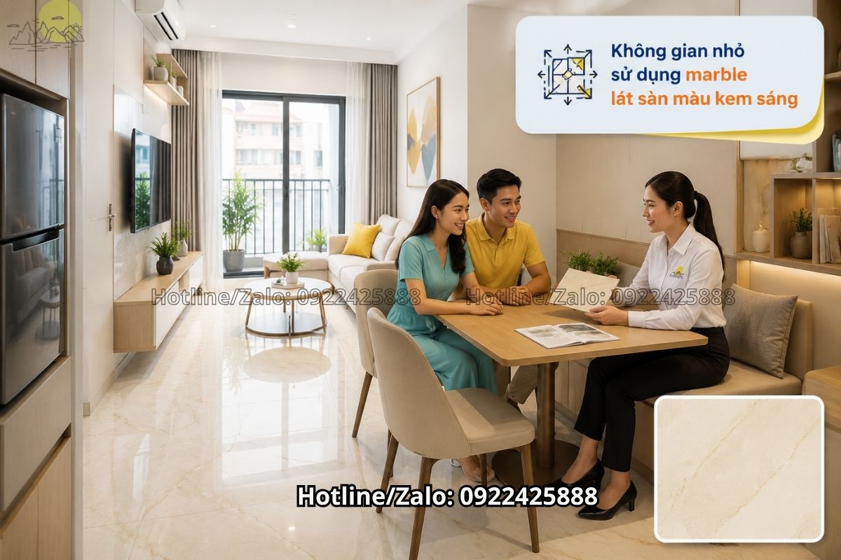 Marble lát sàn màu kem sáng cho không gian nhỏ hiện đại
