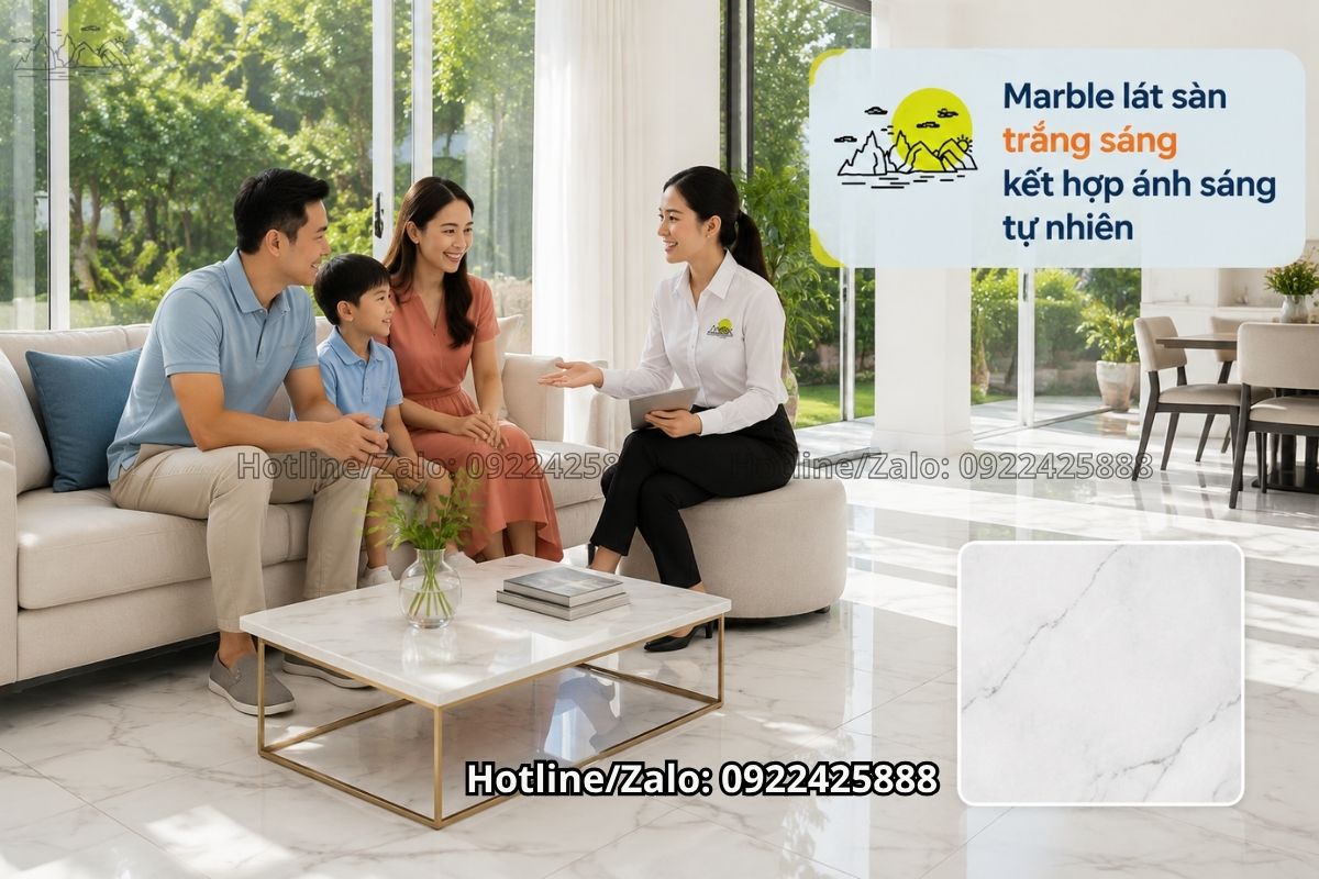Marble lát sàn trắng sáng giúp không gian rộng và thoáng hơn
