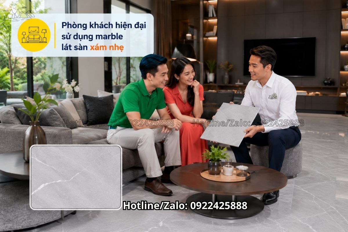 Marble lát sàn xám nhẹ cho phòng khách phong cách hiện đại